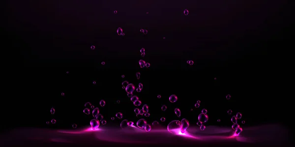 摘要背景为紫色液体 气泡上升 在霓虹灯下飞溅的水花 黑色背景下的沸腾魔法药水 矢量真实感图解 — 图库矢量图片
