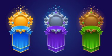 Avatar veya seviye oranı için oyun çerçeveleri. İçi boş altın, gümüş ve bronz rozetler, kraliyet sancakları, ui simgeleri. Münferit bonus grafik elementler, ödül, kupa başarısı ve ödül çizgi film vektörü kümesi