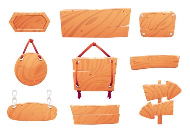 Tahta pankartlar, sokak işaretleri, tahta tahtalar, boş paneller, ipli ve çivili reklam panoları. Yol yönü okları, bar veya bar için işaretler rustik tarzda, ui oyunu unsurları, çizgi film vektör kümesi