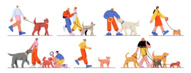 İnsanlar köpeklerle, erkek ve kadın sahipleriyle yürür. Karakterler yürür, oynar ve izole edilmiş evcil hayvanlarla vakit geçirir. Boş zaman, iletişim, aşk, hayvanların bakımı, Çizgi Sanat Düz Vektör Çizgisi