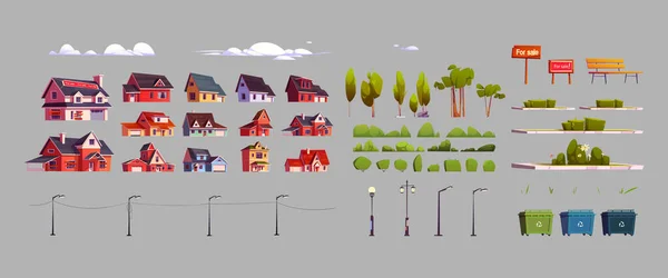 Летний Городской Строитель Комплект Домов Фонари Уличного Освещения Зеленые Деревья — стоковый вектор