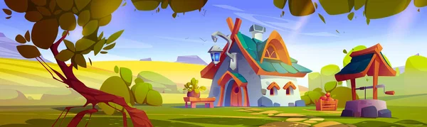 Cartoon Fairy House Green Landscape Background Векторная Иллюстрация Красивой Фантазии — стоковый вектор