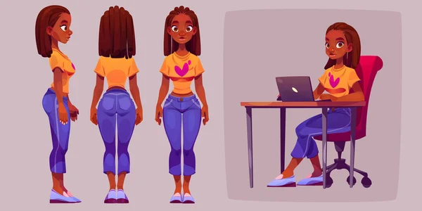 Mulher Negra Desenho Animado Lado Personagem Animação Traseira Frente Sentado —  Vetores de Stock