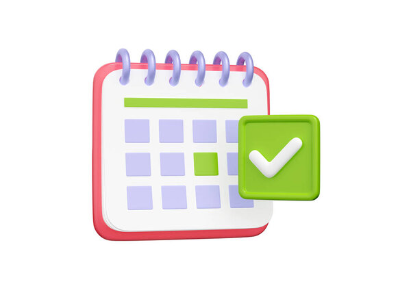 3D рендеринг страницы календаря с зеленым значком галочки. Красный ежедневник с жевательной табличкой, указывающей важную дату, праздник, встречу или деловую встречу. Понятие управления временем. Значок веб-страницы