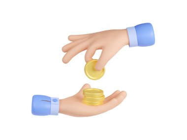 Altın para ve para destesi tutan eller. Ödeme, hayır kurumu, finansal bağış, banka kredisi, yatırım veya tasarruf verme kavramı, beyaz arka planda izole edilmiş 3D resimleme