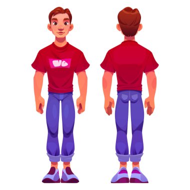 Young man cartoon character front and back view, teenager, youth wear trendy clothes red t-shirt, jeans and sneakers. Handsome male personage with brown eyes and ginger hair, Vector illustration clipart