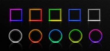 Neon çerçeveler, izole edilmiş renkli kare ve yuvarlak kenarlar. Kırmızı, yeşil, mavi, pembe, sarı mor renkli siyah arkaplanda aydınlatılmış geometrik şekiller. Renk ışığı panoları Gerçekçi 3d vektör kümesi