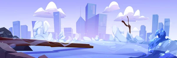 Paisaje Invernal Dibujos Animados Con Paisaje Urbano Nevado Lago Congelado — Vector de stock