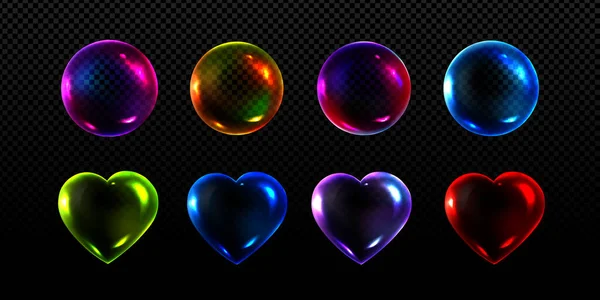 Ясные Мыльные Пузыри Неоновыми Световыми Отражениями Аннотация Стеклянные Шарики Сердца — стоковый вектор