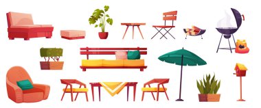 Bahçe elementleri izole edilmiş yapıcı elementler. Sokak mobilya koltuğu, kanepe, sandalyeli masa, çiçekler, bbq ızgara, şemsiye, açık hava için kuş evi rahatlama, çizgi film vektör çizimi, simgeler,