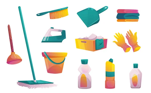 Set Von Haushaltsgeräten Und Werkzeugen Schaufel Reinigungsbürste Und Bettwäsche Box — Stockvektor