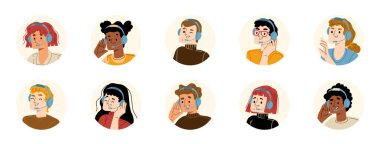 Çağrı merkezi operatörü avatarları izole etti, yuvarlak simgeler ayarlandı. Müşteri destek servisi, online yardım ajanları kulaklık takıyor. Tele pazarlama, internet teknik yardım masası, Çizgi film düz vektör çizimi