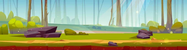 森の中の道路のゲームの地面のテクスチャ パスと深い森の夏の風景とゲームレベルのシーン 緑の草 茂みや石 ベクトル漫画のイラスト — ストックベクタ