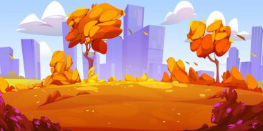 Sonbahar parkı ya da kır manzarası turuncu çimenler ve yapraklar, modern şehir ufuk çizgisi üzerinde. Çimlerin ve çiçeklerin olduğu doğa manzarası, sonbaharda ağaçlar, vektör karikatür çizimleri