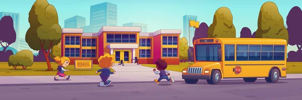 Les Enfants Heureux Courent École Avec Bus Jaune Garé Bord — Image vectorielle
