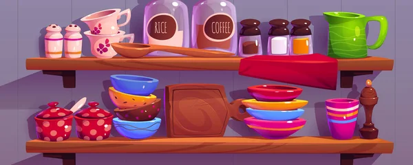 Кухонные Полки Посудой Кухонными Принадлежностями Чашками Тарелками Посудой Кофе Соль — стоковый вектор
