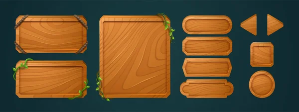 Ξύλινα Κουμπιά Παιχνιδιού Μενού Interface Κατασκευασμένα Από Ξύλο Υφή Πίνακες — Διανυσματικό Αρχείο
