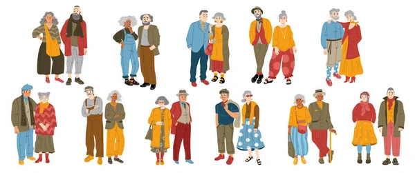 现代的老夫妇 时髦的老人设置 穿着时髦衣服的男女角色 离群索居的老年男子或妇女 优雅的老年养恤金领取者 卡通线性平面矢量插图 — 图库矢量图片