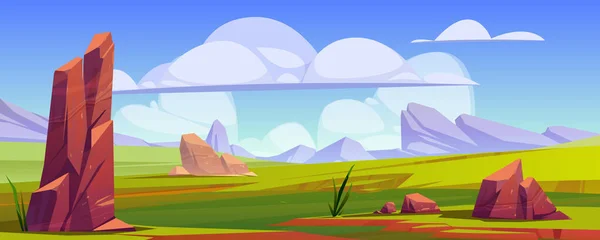 Мультфильм Природный Ландшафт Зеленое Поле Травой Камнями Синим Небом Пушистыми — стоковый вектор
