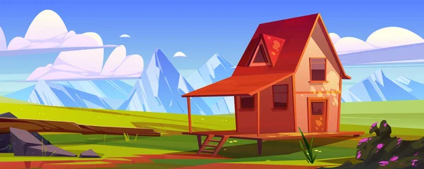 Cottage on green field at mountain valley landscape. Wooden house on stilts on summer meadow under blue sky with clouds at sunny day. Home with terrace on piles cartoon background, vector illustration
