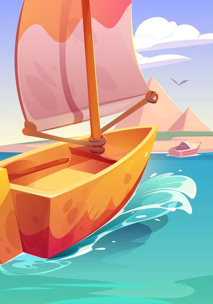 Żaglówka Morzu Czerwonym Widokiem Piaszczystą Plażę Starożytne Piramidy Egipskie Letni — Wektor stockowy