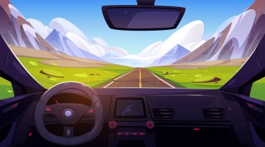 Dağ vadisinde yol, arabanın içinden ön cama doğru. Kayalıklı ve yeşil arazili manzara. Düz yol, yüksek perspektifte asfalt yol, Çizgi film vektör illüstrasyonu