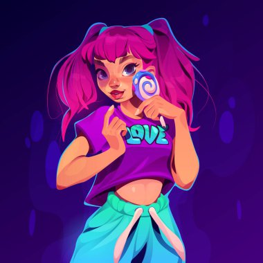 Lolipopu olan genç bir kız, gülümseyen yüzlü güzel bir kadın, pembe saçlı moda hippi kıyafetleri giyiyor. Soyut mavi arka planda poz veren seksi, tasasız pozitif genç, Çizgi film vektör çizimi