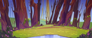 Yaz ormanlarında yağmur, vahşi doğa manzaraları. Çizgi film ahşap arka planı, su birikintili alan, çiçek açan çalılar ve ağaç gövdelerinin altındaki yeşil çimenler ve gökten düşen su yağmuru, Vektör illüstrasyonu