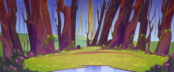 夏の森の中で雨 野生の自然景観 漫画の木の背景 水溜りのある畑 木の幹の下の茂みと緑の草 空から降ってくる水のシャワー ベクトルイラスト — ストックベクタ