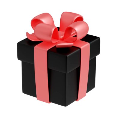 3D hediye paketi, kurdeleli, izole siyah paket, pembe parlak fiyonklu. Tatil sürprizi, ikramiye, ödül, doğum günü, noel, yeni yıl veya düğün hediyesi, karikatür plastik stili illüstrasyon