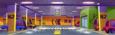 Alışveriş merkezi otoparkı, yeraltı otoparkı araçlar ve boş araziler. Sütunlar ve kılavuz oklar, şehir altyapısı, Çizgi film vektör illüstrasyonlu bodrum katında ulaşım alanı