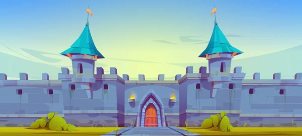 中世纪城堡城墙 童话般的城堡建筑 木制拱门 蓝天下铺面的道路 幻想魔法古建筑 王国卡通矢量图解 — 图库矢量图片