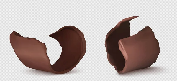 巧克力卷 剃须片或在透明背景下隔离的甜食片 可可生产 褐色美味巧克力切苦味甜点 现实的3D病媒图解 — 图库矢量图片