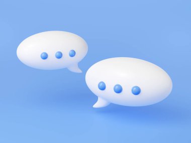 3 boyutlu sohbet balonları izole edilmiş beyaz iletişim konuşma balonları. Diyalog, konuşma ve mesaj bulutları veya kutular. Uygulama için simge, mavi arkaplan üzerindeki tasarım ögeleri karikatür plastik stili