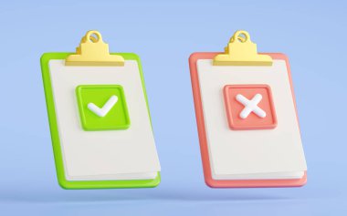 3D yorumlama kabul edildi ve reddedildi. Kağıt levhaların üzerinde kene ve haç var. İşi reddet, proje planı anlaşması ve reddedilme, plastik stil karikatür illüstrasyonu