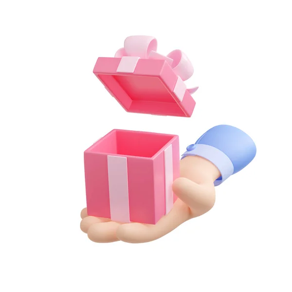 3D渲染手持打开的礼品盒粉红缎带 生日惊喜 圣诞节 新年假期或结婚礼物 卡通塑料风格的白色背景图解 — 图库照片
