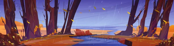 Autumn landscape with forest, river flowing into sea and meadow in rain. Fall nature scene with water stream, trees on lake coast at rainy weather, vector cartoon illustration