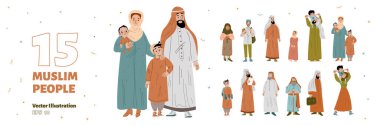 Müslüman insanlar farklı neslin aile karakterleri. Keffiyeh 'li Arap erkekler, tesettürlü kadın ve kızlar, çocuklar, öğrenci ve yaşlılar, vektör eliyle çizilmiş illüstrasyon