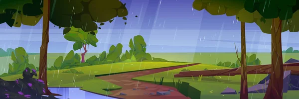 Nyári Eső Vad Természet Táj Rajzfilm Háttér Földút Nedves Fák — Stock Vector
