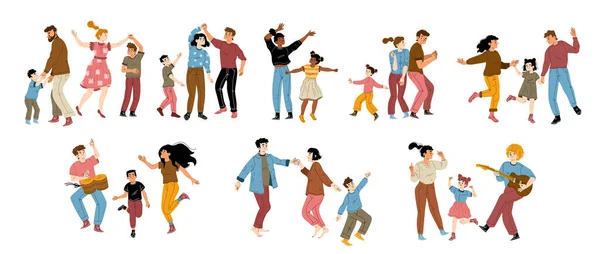 家族のダンス 楽しさ 幸せな親と子供のキャラクターが一緒に踊るホームパーティーのコンセプト ギターとドラムを演奏する子供たちのお父さんやお母さん 漫画のリニアフラットベクトルイラスト — ストックベクタ