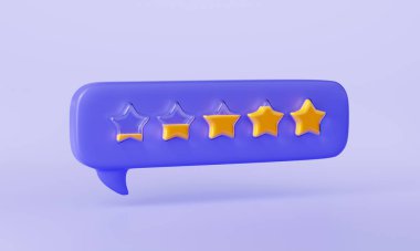 3D müşteri geribildirim yıldızlarını konuşma balonunda görüntüler. Beğeni, istemci değerlendirmesi, yorum veya oran kavramı mesaj balonunda büyüyen değerlendirme seviyesi, karikatür plastik tarzında izole illüstrasyon