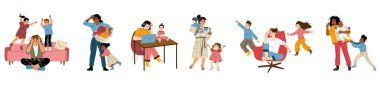 Yorgun anne, bitkin anne ve çocukları izole edilmiş. Yaramaz çocuklu stresli kadınlar, ebeveynlik, çoklu görev konsepti, çizgi film düz vektör çizimi