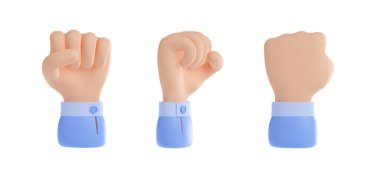 3D yumruk öne, yana ve arkaya. Şirket kutlamaları, zafer, başarı, kazanma, kavga ya da protesto konsepti beyaz arka planda karikatür plastik tarzında izole edilmiş.
