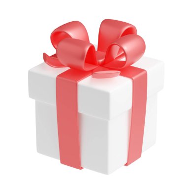 3 boyutlu hediye paketi ve pembe kurdele. Arka planda pastel parlak fiyonklu kapalı beyaz paket. Tatil sürprizi, doğum günü hediyesi, Noel ya da düğün, gerçekçi illüstrasyon açısı