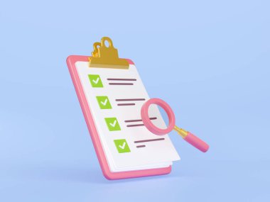 Yeşil keneli pembe büyüteç ve kontrol listesinin 3 boyutlu çizimi. Başarılı bir şekilde tamamlanmış kadın sağlık kontrol planı veya yapılacaklar listesi. İş atamaları veya anket simgesi