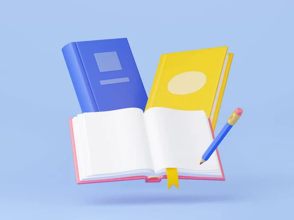 開いて 閉じた本や鉛筆の3Dイラスト 黄色と青の教科書 展開ノートパッド空白のページ 教育文学 知識の源だ 学校や大学への留学の象徴 — ストック写真
