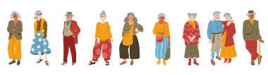 Modern yaşlı insanlar, kıdemli yetişkin kadınlar ve moda elbiseli erkekler. Beyaz arka planda izole edilmiş modaya uygun giyinmiş mutlu büyükanneler ve büyükbabalar.
