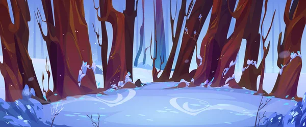 Winter Forest Landscape Snow Bare Trees Scenery Frozen Nature Cartoon — Stock Vector