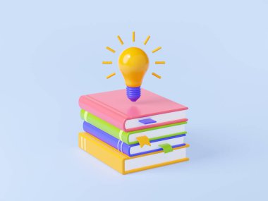 Kitap yığını ve ampul 3D canlandırma simgesi. Arka planda aydınlatma lambası olan renkli edebiyat yığını. Bilginin ve yaratıcı fikirlerin kaynağı. Eğitim ya da bilgeliğin sembolü