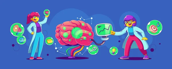 Neuromarketing Έννοια Τις Γυναίκες Έρευνα Του Εγκεφάλου Υπολογιστή Και Εικόνες — Διανυσματικό Αρχείο